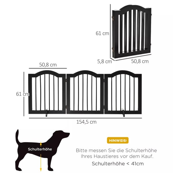 PawHut Hundegitter Sikkerhedsgitter - 3-delt, foldbart, MDF/træ, sort, 154,5x29,5x61cm