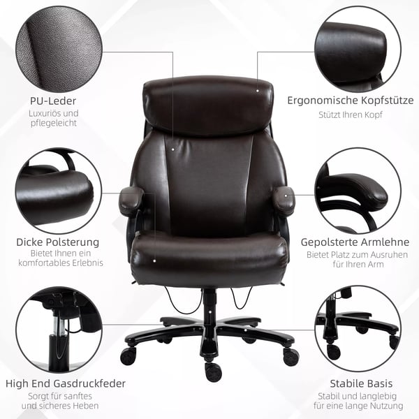 Pöytätuoli PU-Nahkaa, Ruskea - Ergonominen, Säädettävä, Kallistuva, 180kg Kantavuus