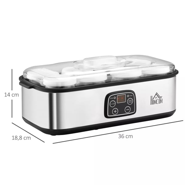 HOMCOM Yoghurtmaskine 25W, LCD-skærm, 8 glas med låg, 180ml, Justerbar temperatur, PC & PP-plast
