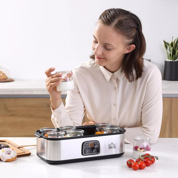 HOMCOM Yoghurtmaskine 25W, LCD-skærm, 8 glas med låg, 180ml, Justerbar temperatur, PC & PP-plast