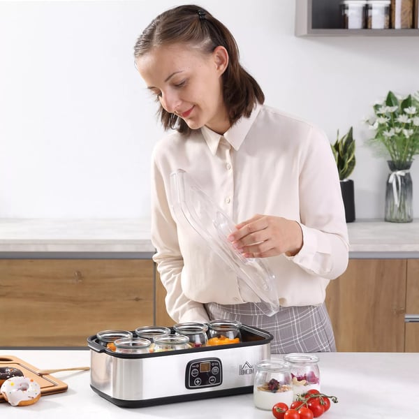 HOMCOM Yoghurtmaskine 25W, LCD-skærm, 8 glas med låg, 180ml, Justerbar temperatur, PC & PP-plast