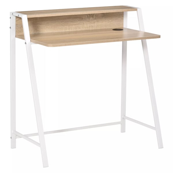 HOMCOM Skrivebord, moderne computertisk med opbevaringshylde & kabelgennemføring, metalstel, hvid+eg, 84x45x85cm