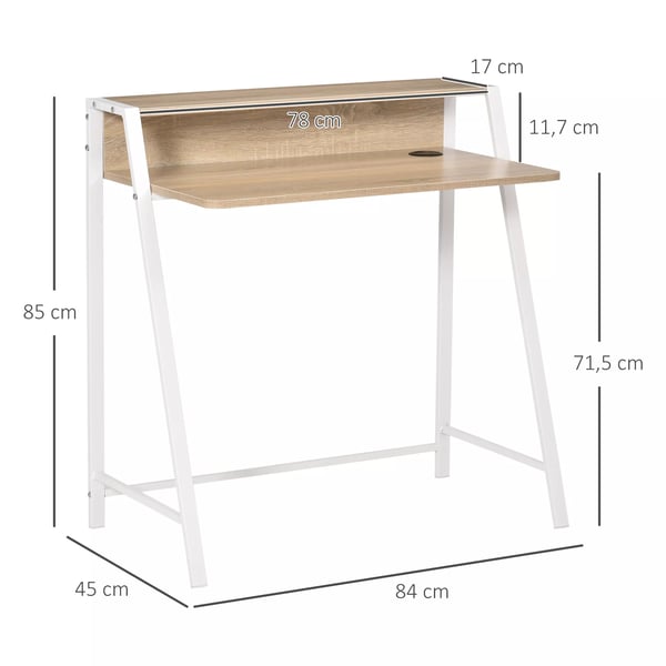 HOMCOM Skrivebord, moderne computertisk med opbevaringshylde & kabelgennemføring, metalstel, hvid+eg, 84x45x85cm