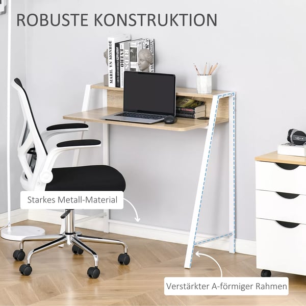 HOMCOM Skrivebord, moderne computertisk med opbevaringshylde & kabelgennemføring, metalstel, hvid+eg, 84x45x85cm