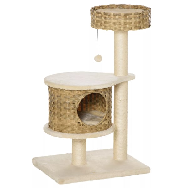 PawHut Kradsetræ Rattan med Kattehule & Sisalstammer, Legetøjsbold, 95 cm, Natur/Beige