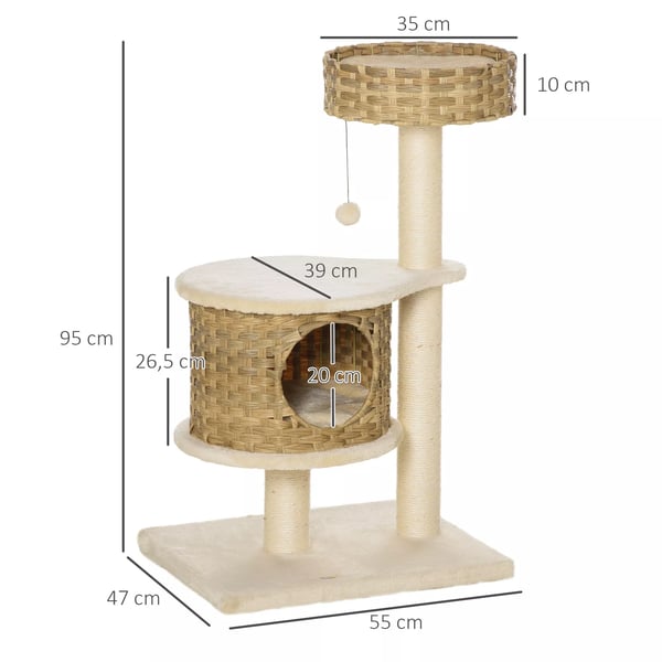 PawHut Kradsetræ Rattan med Kattehule & Sisalstammer, Legetøjsbold, 95 cm, Natur/Beige
