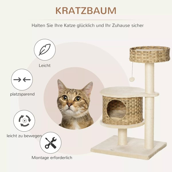 PawHut Kradsetræ Rattan med Kattehule & Sisalstammer, Legetøjsbold, 95 cm, Natur/Beige