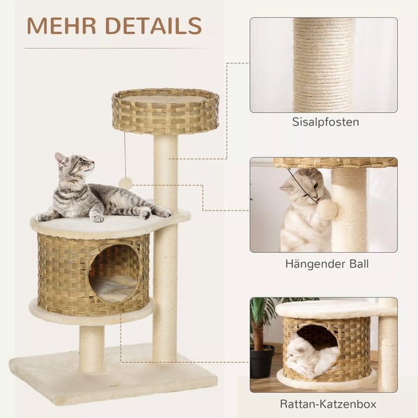 PawHut Kradsetræ Rattan med Kattehule & Sisalstammer, Legetøjsbold, 95 cm, Natur/Beige