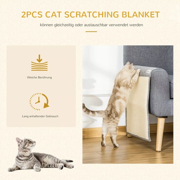 PawHut Kl8smattor 2-pack soffskydd f8r katter, Sisal, Gr8 130x45x0,3cm