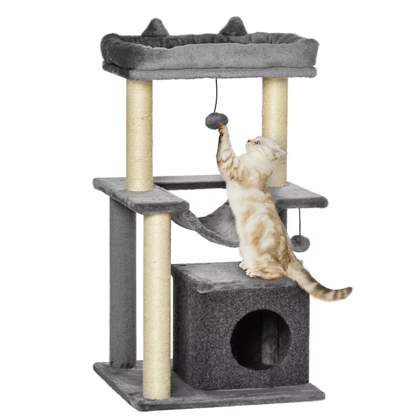 PawHut Klätterträd för katter 90cm - Plysch, Sisal, Filz, Grå