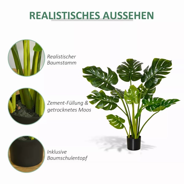 HOMCOM Kunstig Monstera Plante med Potte, Grøn/Sort, 110 cm