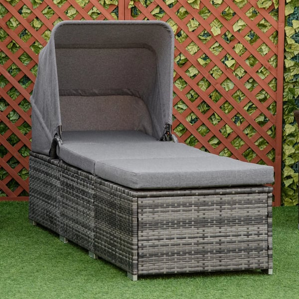 Liggestol i Polyrattan med Soltag, Justerbar Have-/Rattan liggestol med Hynde, Grå, 195x65x40cm