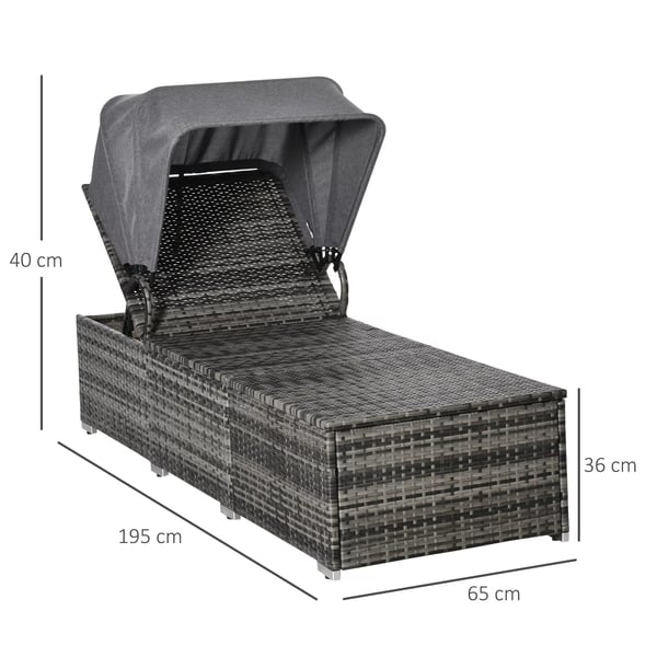 Liggestol i Polyrattan med Soltag, Justerbar Have-/Rattan liggestol med Hynde, Grå, 195x65x40cm