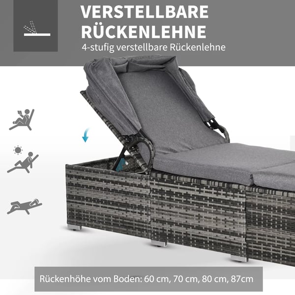 Liggestol i Polyrattan med Soltag, Justerbar Have-/Rattan liggestol med Hynde, Grå, 195x65x40cm