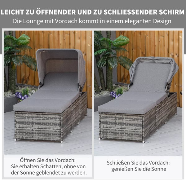 Liggestol i Polyrattan med Soltag, Justerbar Have-/Rattan liggestol med Hynde, Grå, 195x65x40cm