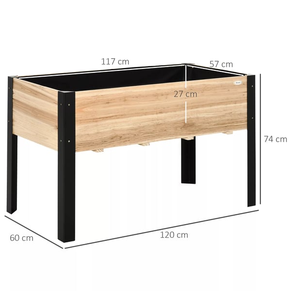 Outsunny højbed, stort plantekasse i massivt træ & stål, 120x60x74 cm, natur+sort