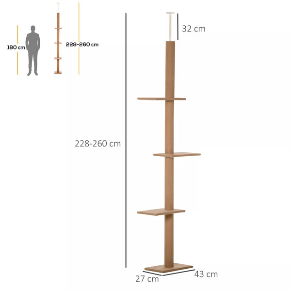 PawHut Kradsetræ til Katte - Justerbart, 4 Platforme, Lysebrun, 43x27x228-260cm, Spånplade & Polyester Plys