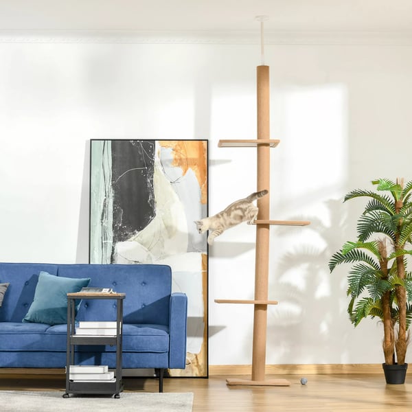 PawHut Kradsetræ til Katte - Justerbart, 4 Platforme, Lysebrun, 43x27x228-260cm, Spånplade & Polyester Plys