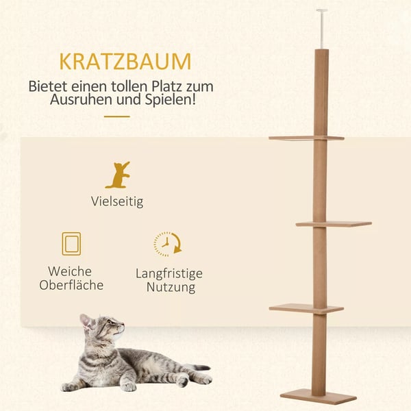 PawHut Kradsetræ til Katte - Justerbart, 4 Platforme, Lysebrun, 43x27x228-260cm, Spånplade & Polyester Plys