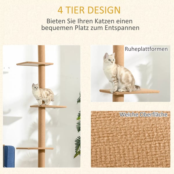 PawHut Kradsetræ til Katte - Justerbart, 4 Platforme, Lysebrun, 43x27x228-260cm, Spånplade & Polyester Plys