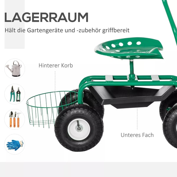 Outsunny Havevogn med Drejes&aelig;de, Opbevaringskurv og H&aelig;jdejusterbar - Gr&oslash;n Metal