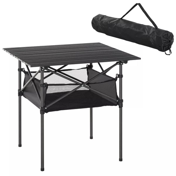 Outsunny Campingtisch, hopfällbart bord i aluminium, lätt, bärbart med nätficka, svart, 70x70x69 cm