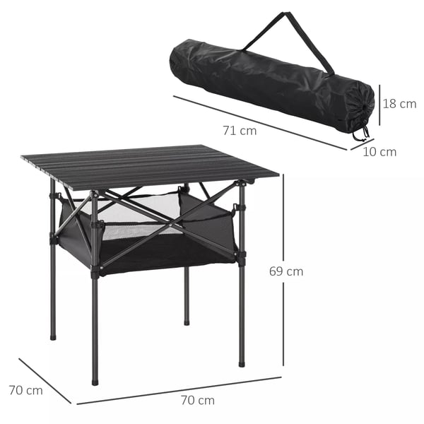 Outsunny campingbord, sammenklappeligt aluminiumsbord, let, bærbart med netlomme, sort, 70x70x69 cm