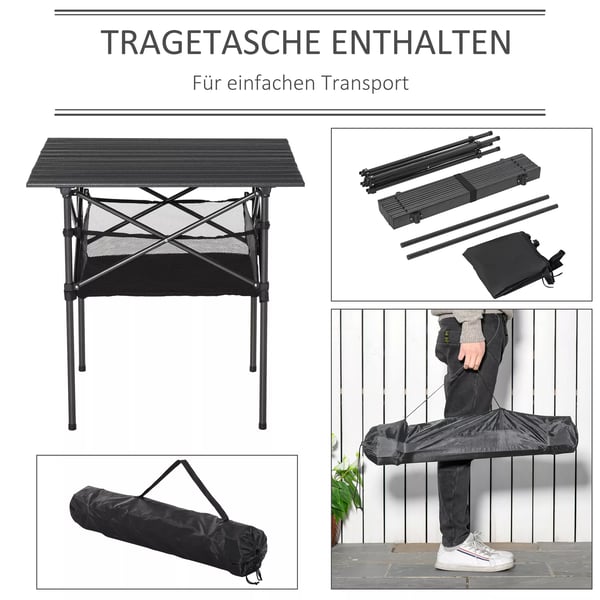 Outsunny campingbord, sammenklappeligt aluminiumsbord, let, bærbart med netlomme, sort, 70x70x69 cm