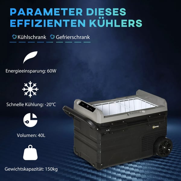 Outsunny Bilkøleboks 40L med Kompressor, LED Lys, Hjul, 12/24V DC & 110-240V AC, Grå/Sort