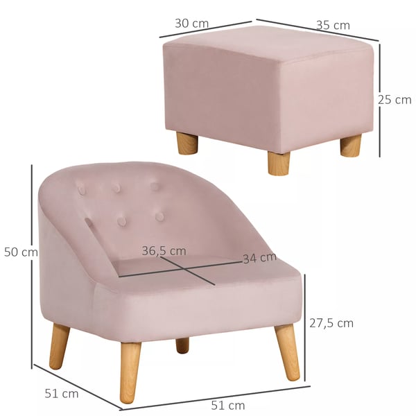 HOMCOM børnestol med fodskammel - Hyggelig sofa til børn fra 3 år, fløjlslook, eukalyptustræ, rosa, 51x51x50 cm