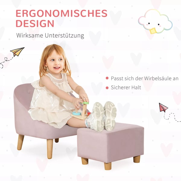 HOMCOM børnestol med fodskammel - Hyggelig sofa til børn fra 3 år, fløjlslook, eukalyptustræ, rosa, 51x51x50 cm