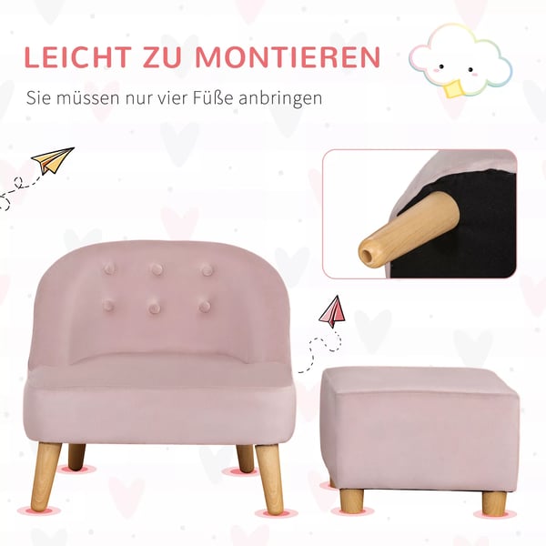 HOMCOM børnestol med fodskammel - Hyggelig sofa til børn fra 3 år, fløjlslook, eukalyptustræ, rosa, 51x51x50 cm