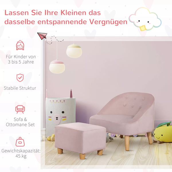HOMCOM børnestol med fodskammel - Hyggelig sofa til børn fra 3 år, fløjlslook, eukalyptustræ, rosa, 51x51x50 cm