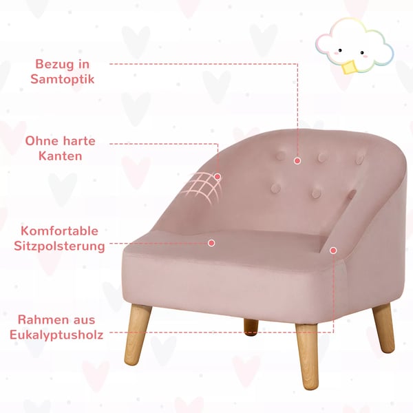 HOMCOM børnestol med fodskammel - Hyggelig sofa til børn fra 3 år, fløjlslook, eukalyptustræ, rosa, 51x51x50 cm