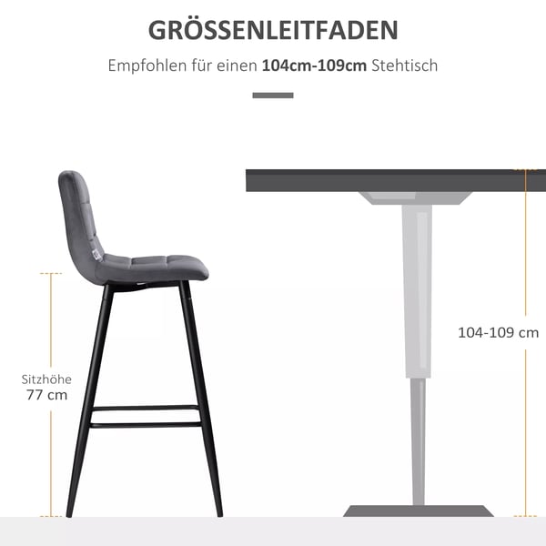 HOMCOM sæt med 2 barstole med ryglæn, køkkenstol, barstol, diskstol-sæt med stålben, grå