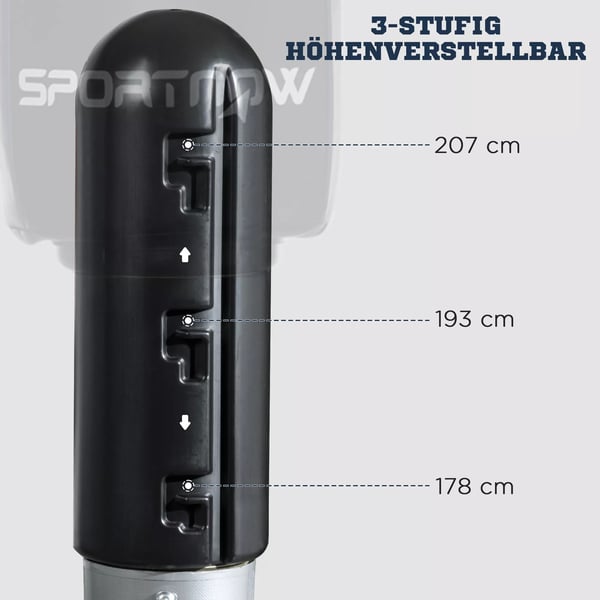 SPORTNOW Boksesæk - Fritstående boksepartner med HDPE-base, højdejusterbar (178-207 cm) til hjemmetræning. Materiale: HDPE, PVC, PU. Farver: Sort, Grå
