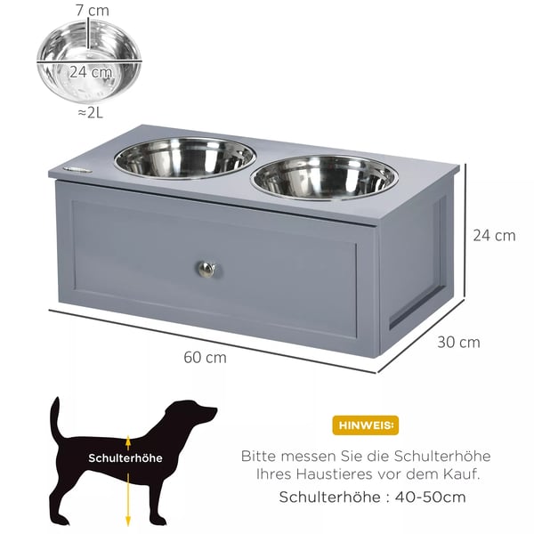 PawHut hundeskål med skuffe, dobbelt skål i rustfrit stål til mellemstore hunde, grå, foderstation
