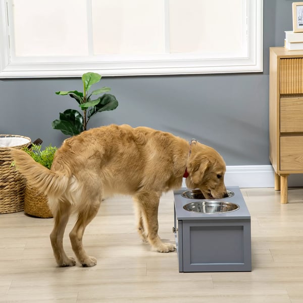 PawHut hundeskål med skuffe, dobbelt skål i rustfrit stål til mellemstore hunde, grå, foderstation
