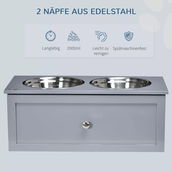 PawHut hundeskål med skuffe, dobbelt skål i rustfrit stål til mellemstore hunde, grå, foderstation