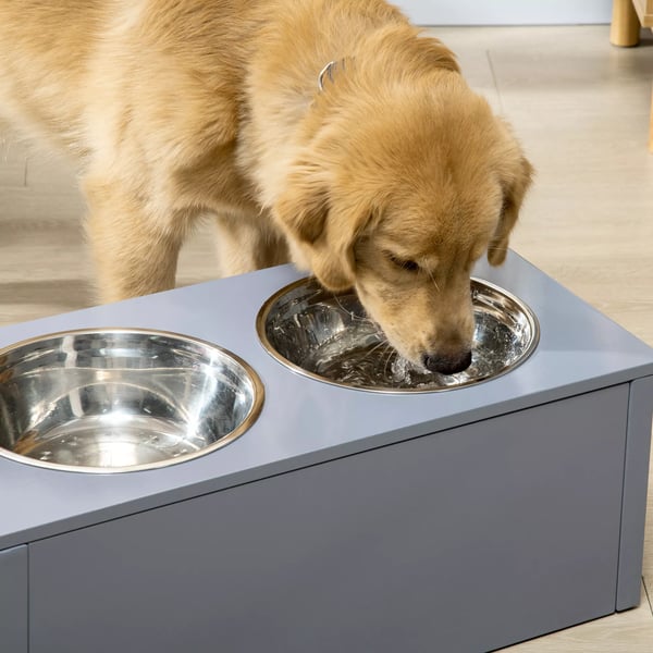 PawHut hundeskål med skuffe, dobbelt skål i rustfrit stål til mellemstore hunde, grå, foderstation