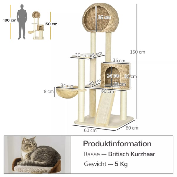 PawHut Kradsetræ 150 cm med kattehus, hængekøje & rampe, væltesikring, plys, beige