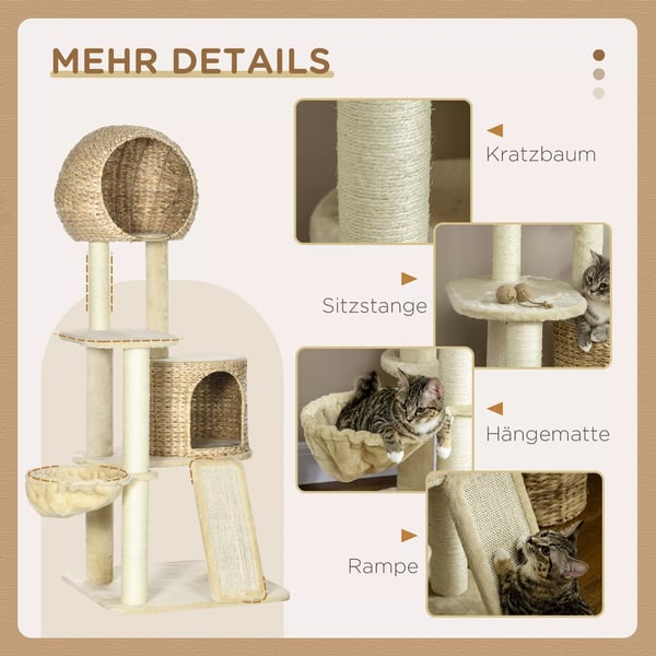 PawHut Kradsetræ 150 cm med kattehus, hængekøje & rampe, væltesikring, plys, beige