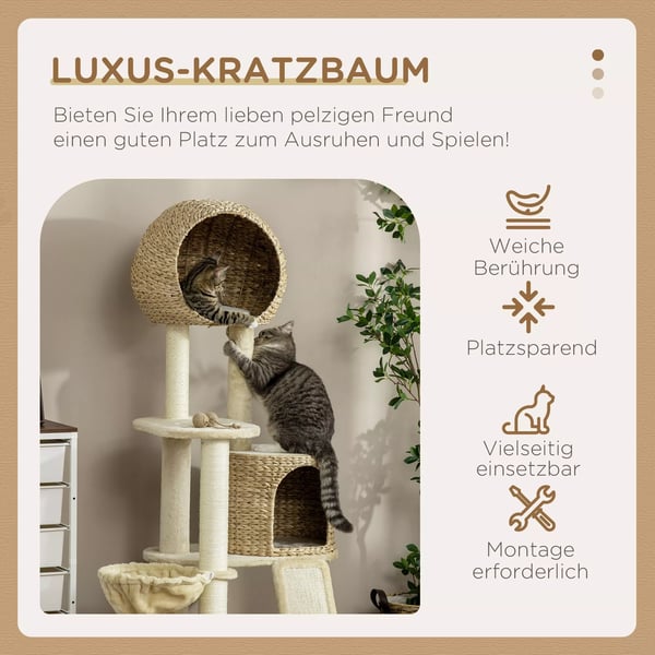 PawHut Kradsetræ 150 cm med kattehus, hængekøje & rampe, væltesikring, plys, beige