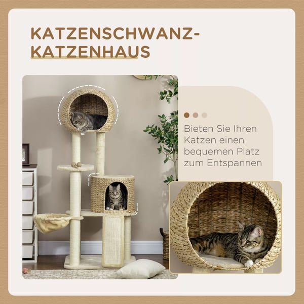 PawHut Kradsetræ 150 cm med kattehus, hængekøje & rampe, væltesikring, plys, beige