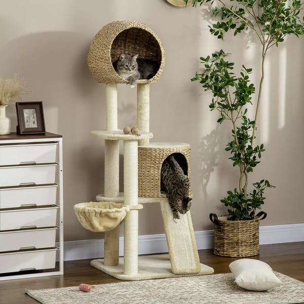 PawHut Kradsetræ 150 cm med kattehus, hængekøje & rampe, væltesikring, plys, beige