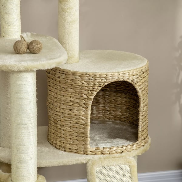PawHut Kradsetræ 150 cm med kattehus, hængekøje & rampe, væltesikring, plys, beige