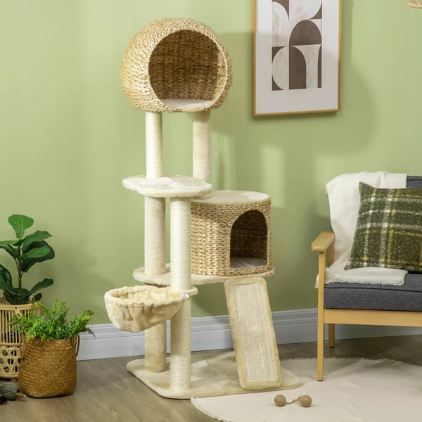 PawHut Kradsetræ 150 cm med kattehus, hængekøje & rampe, væltesikring, plys, beige