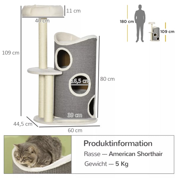 PawHut Raapimispuu 109cm Kissoille - Sisal-pylväät, Valkoinen/Harmaa