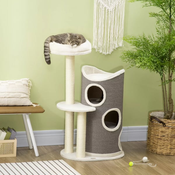 PawHut Raapimispuu 109cm Kissoille - Sisal-pylväät, Valkoinen/Harmaa