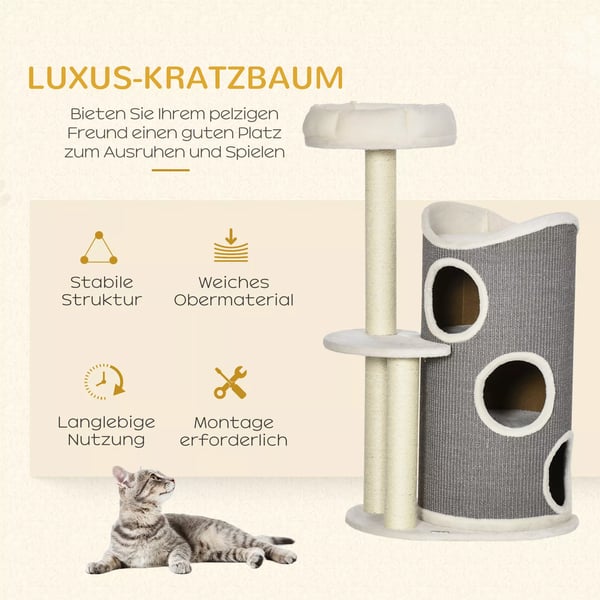 PawHut Raapimispuu 109cm Kissoille - Sisal-pylväät, Valkoinen/Harmaa